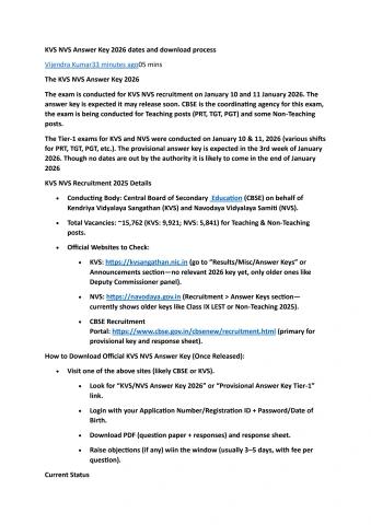 KVS NVS Answer Key 2026 dates and download process